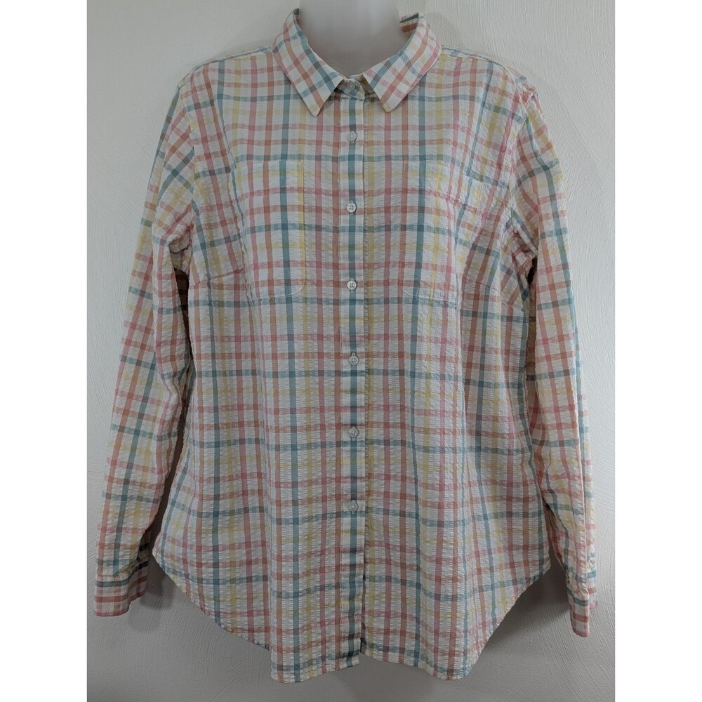 LL Bean 1X Pastel Checked Gingham Shirt Relaxed Fit Festival Fun Breezy